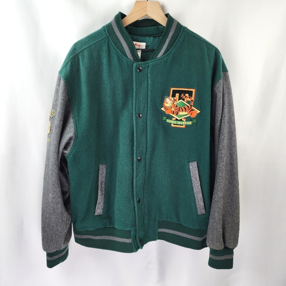 Vintage The Disney Store Green and Grey Tigger Varsity Bomber Jacket Size L